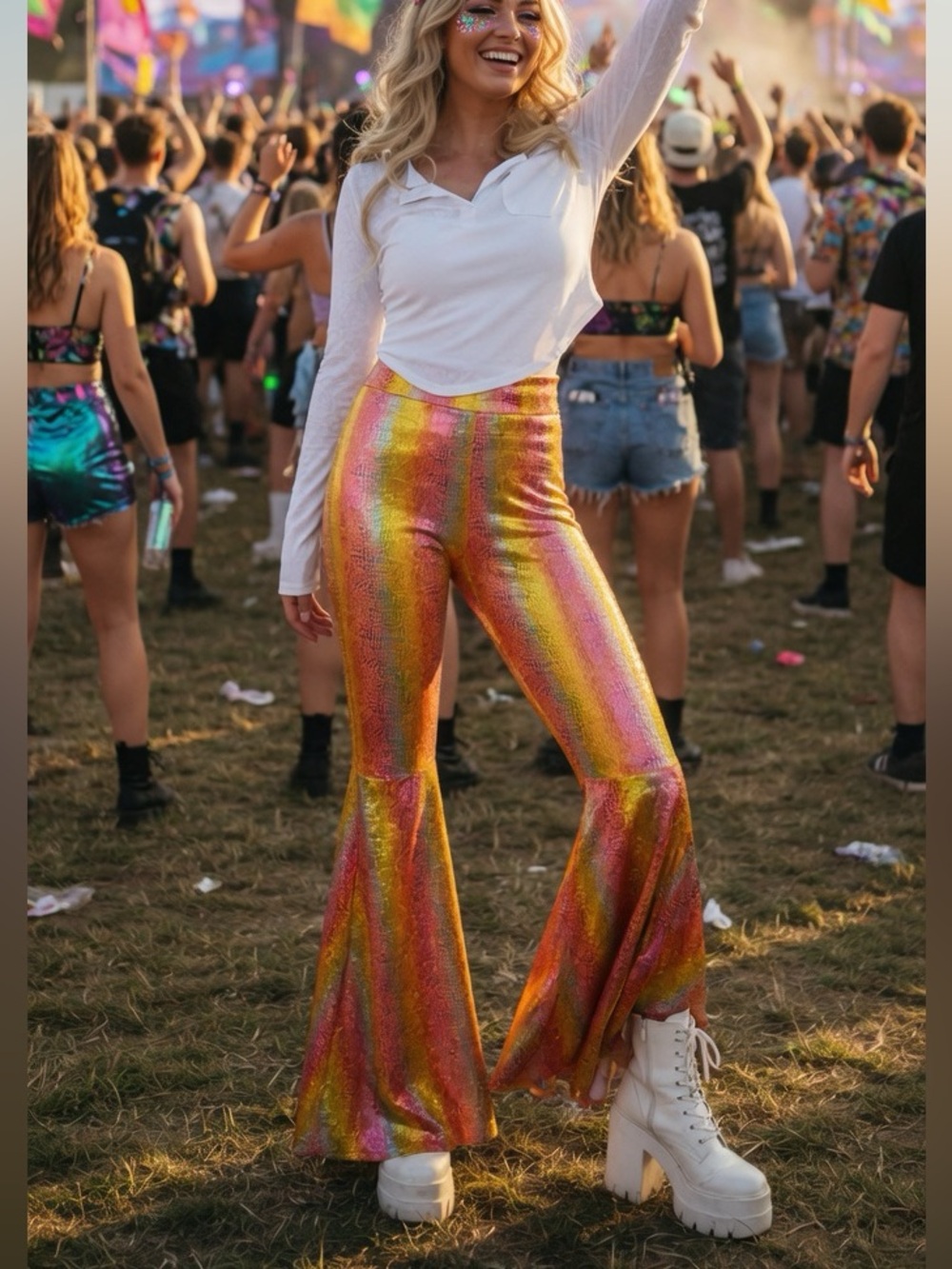 NEW Iridescent Rainbow Flare Pants for Women LARGE